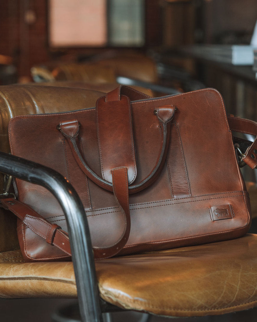 Polished leather attache bag, ideal for professional use.
