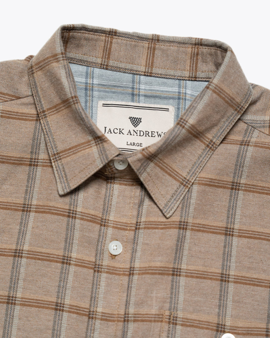 Close-up of the reinforced collar of the Windsor Men's Cotton Dress Shirt in timber pane design