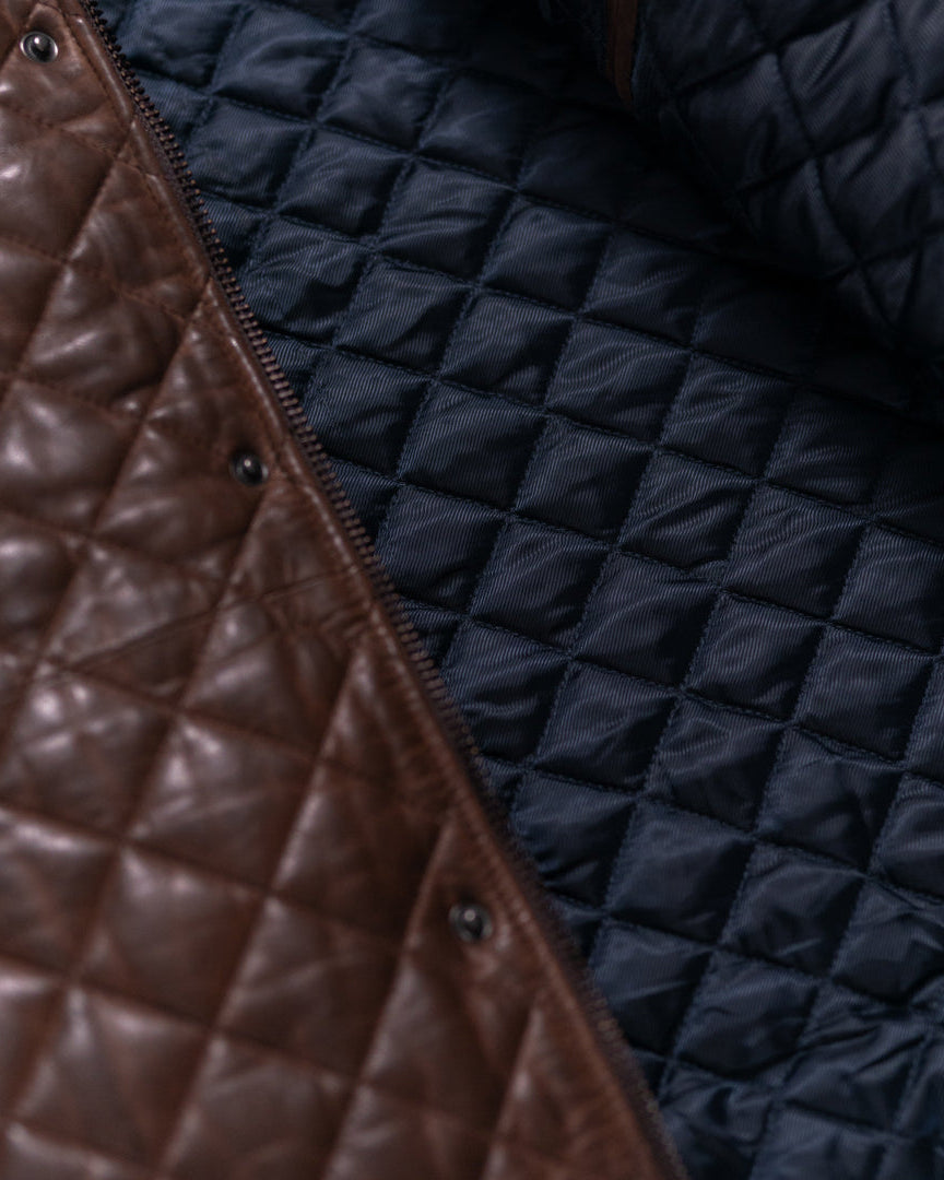 This mahogany brown leather jacket features a sophisticated quilted design, ideal for a refined look.
